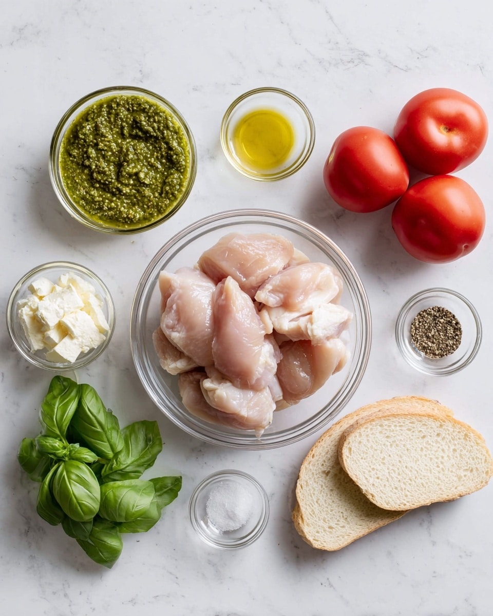The image shows raw chicken pieces in a clear glass bowl at the center on a white marbled surface. To the left, there is a small round clear bowl with green pesto, above it a small glass container of oil, and below it another small round clear bowl with white cheese. Above the chicken bowl, there is a small clear bowl with black pepper and salt. To the right of the chicken, there is a bunch of fresh green basil leaves, two red tomatoes, and a slice of light brown bread with soft texture, all arranged neatly. The colors are natural and fresh, with the white marbled surface giving a clean look. Photo taken with an iphone --ar 4:5 --v 7