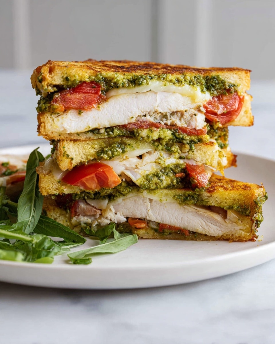 The image shows a sandwich cut in half and stacked with three pieces on a white plate with a few green fresh herb leaves beside it. The sandwich has a toasted golden brown bread exterior with a slightly crispy texture. Inside, there are layers starting with a green pesto sauce on the top and bottom sides, bright red tomato slices beneath the top pesto, thick white chicken slices in the middle, and cheese melted softly next to the tomatoes. The white marbled surface gives a clean look to the whole presentation. photo taken with an iphone --ar 4:5 --v 7