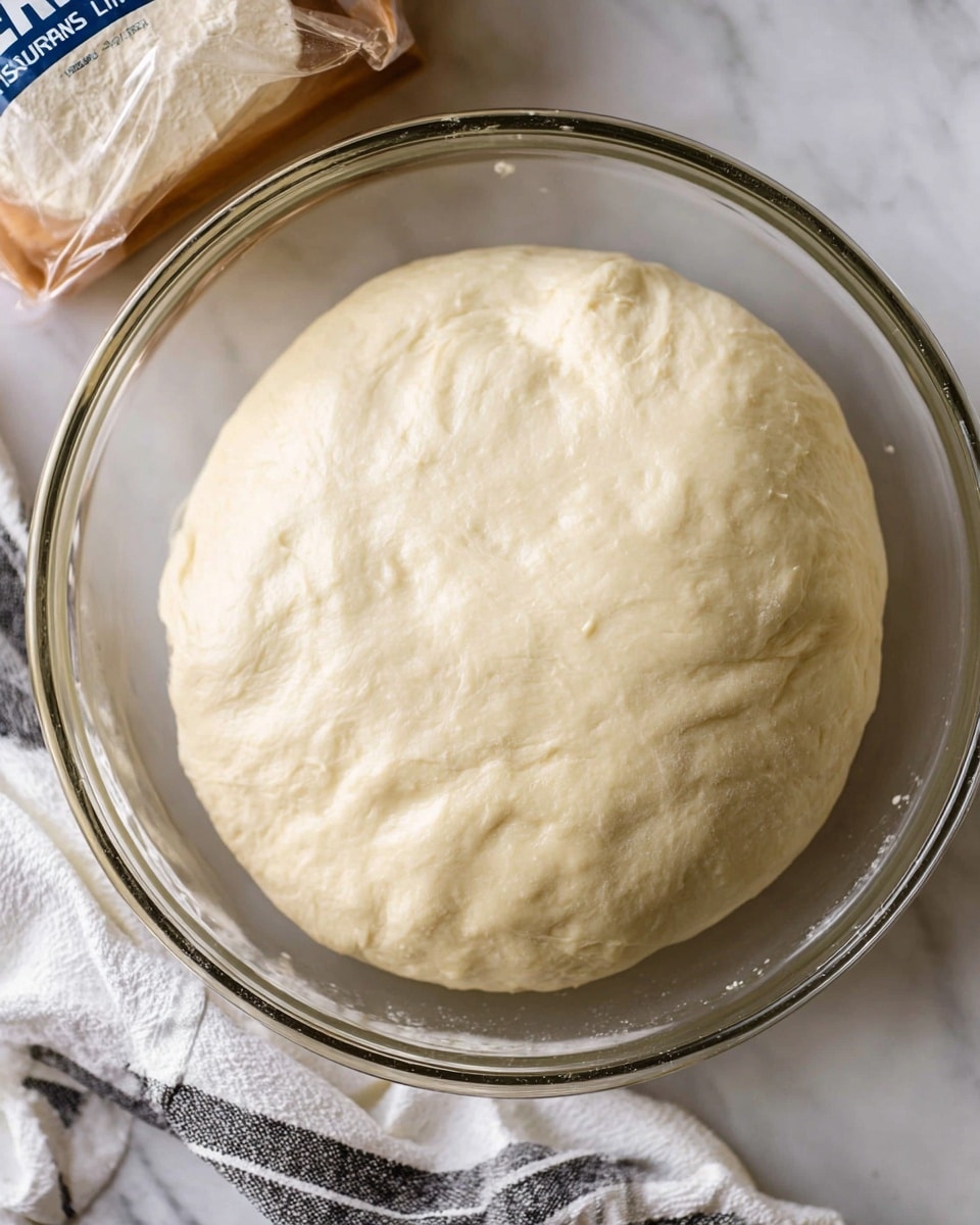 The image shows a large round ball of risen dough with a smooth and slightly bumpy texture sitting in a clear glass bowl. The dough is pale cream in color and domed, filling most of the bowl. The bowl is placed on a white marbled surface with a partially visible bag of bread flour at the top left and a white cloth with black stripes at the bottom. Photo taken with an iphone --ar 4:5 --v 7