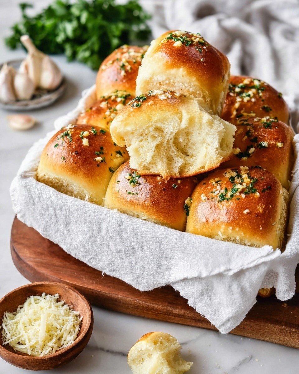A basket lined with a white cloth holds about ten soft, shiny golden-brown dinner rolls. Each roll has a smooth, glossy top sprinkled with small bits of chopped green herbs and grated cheese. The rolls are fluffy and light inside, showing a soft, airy texture, with some rolls pulled apart to reveal this. The basket is placed on a wooden board, with a small wooden bowl of grated cheese, garlic cloves, and fresh green parsley in the blurred white marbled background. The setting is cozy and inviting, showing warm, fresh baked bread ready to eat. photo taken with an iphone --ar 4:5 --v 7