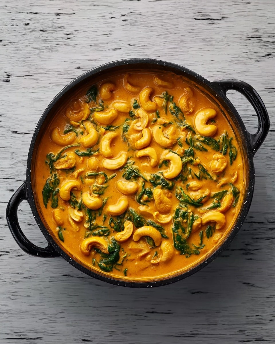 A black round pan with handles holds a creamy dish made of bright orange sauce mixed with whole light yellow cashew nuts and pieces of green spinach evenly spread throughout. The sauce looks thick and smooth, covering all the cashews and spinach well. The pan is placed on a white marbled surface that contrasts with the dark pan and rich colors of the food. photo taken with an iphone --ar 4:5 --v 7