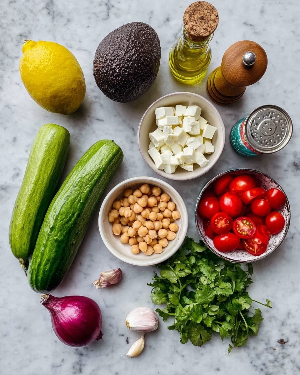 The image shows fresh ingredients for a salad arranged on a white marbled surface. On the top left is a whole yellow lemon and below it a dark, textured avocado. To the right of the avocado are a glass bottle with cork, a wooden pepper grinder, and a matching wooden salt shaker. A partially opened can of chickpeas is positioned on the far right. Below these are two small white bowls, one filled with bright red grape tomatoes and the other with white cubed cheese. Three green cucumbers lie horizontally in the middle left, next to a bunch of fresh cilantro. A small purple onion and a single garlic clove are placed near the bottom center. The colors range from the bright green of the cucumbers and cilantro to the deep red of the tomatoes and onion, contrasted by the pale white cheese and chickpeas. Photo taken with an iphone --ar 4:5 --v 7