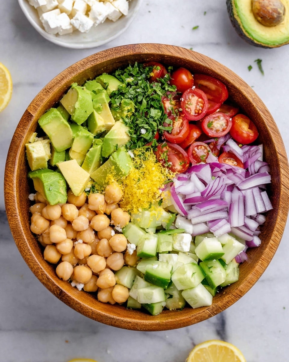 The dish is a colorful salad served in a round wooden bowl with seven distinct layers arranged side by side. Starting from the top and moving clockwise, there are bright green avocado pieces with a smooth texture, next to a small pile of chopped fresh green herbs. Beside the herbs are vibrant red cherry tomato halves, followed by thin slices of purple onion showing white inner rings. Below the onion is a cluster of pale beige chickpeas with a smooth surface. Next to the chickpeas is a small heap of finely grated yellow lemon zest. To the left of the lemon zest is a side of fresh cucumber chunks with a light green, slightly translucent color, and finally, adjacent to the cucumber, there are small cubes of white feta cheese. The bowl sits on a white marbled surface with scattered avocado half and lemon, and a woman's hand holding a white dish is partly visible in the top left corner. photo taken with an iphone --ar 4:5 --v 7