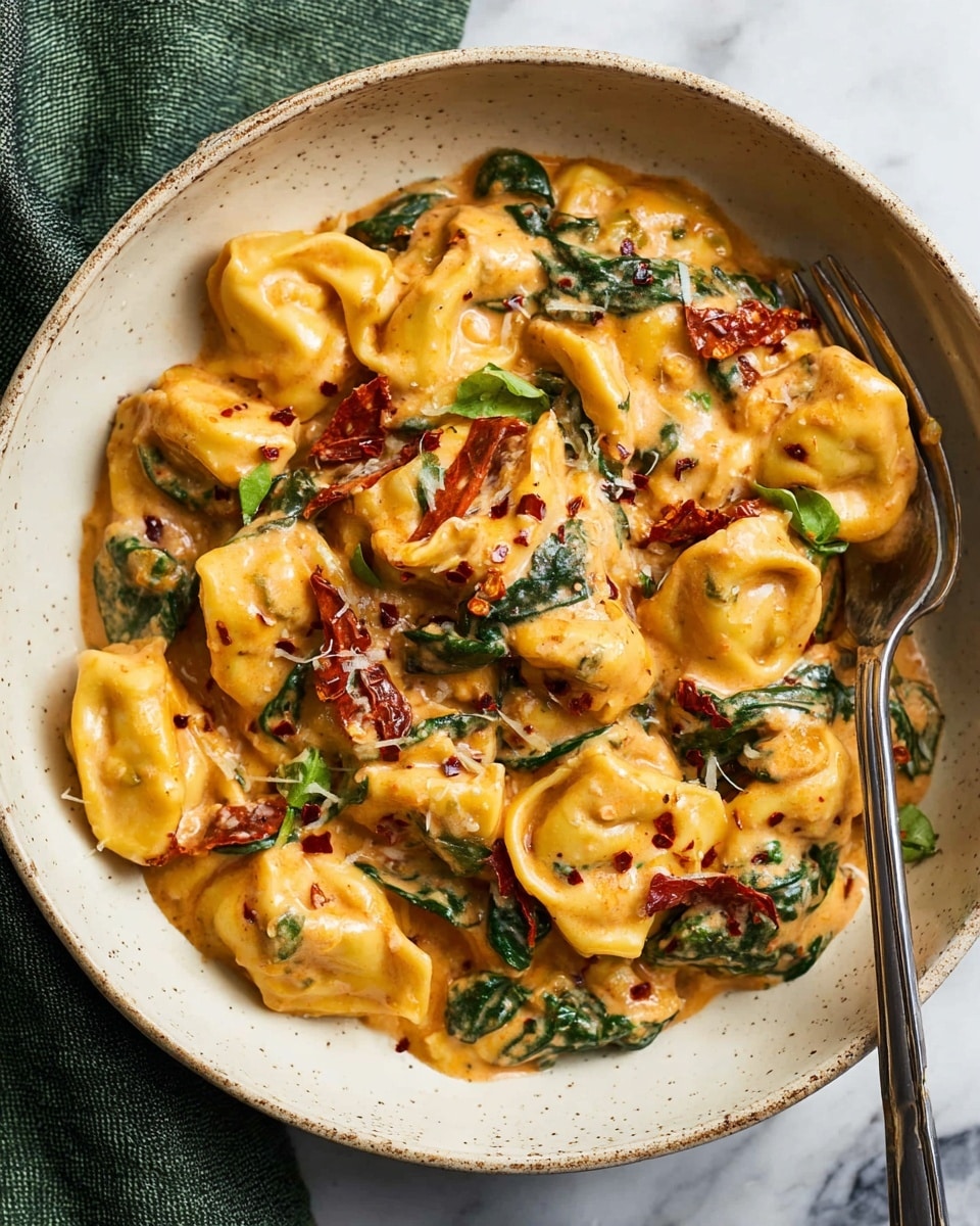The dish shows a bowl full of creamy orange sauce-covered tortellini. The tortellini pieces are yellow with a smooth, soft texture, mixed with dark green spinach leaves and small pieces of red sun-dried tomatoes. There are some red chili flakes sprinkled on top adding a speckled texture. The tortellini are piled in the bowl, showing layers of pasta, spinach, and tomato with creamy sauce coating everything. A silver fork rests on the right side, partially inside the bowl. The bowl is white with subtle black specks and sits on a white marbled surface with a green cloth underneath on the left side. Photo taken with an iphone --ar 4:5 --v 7