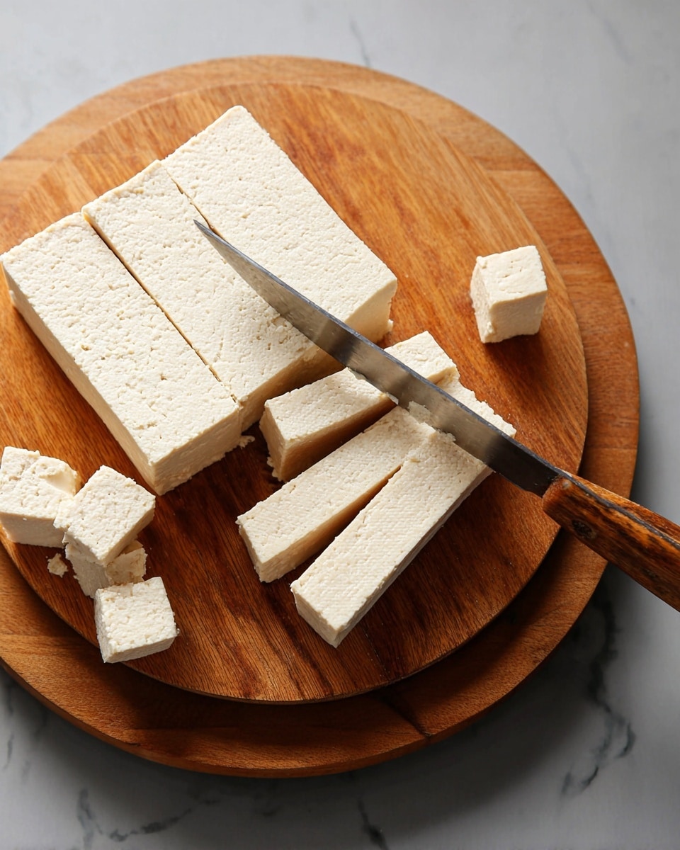 A close-up view of a light beige tofu block being sliced into even rectangular pieces on two round wooden cutting boards stacked on top of each other, with the smaller one holding the tofu. The tofu has a smooth, slightly textured surface, and some small tofu cubes are already cut and set to the right of the block. A knife with a wooden handle is placed through the tofu, showing the slicing motion. The background is a white marbled texture. Photo taken with an iphone --ar 4:5 --v 7