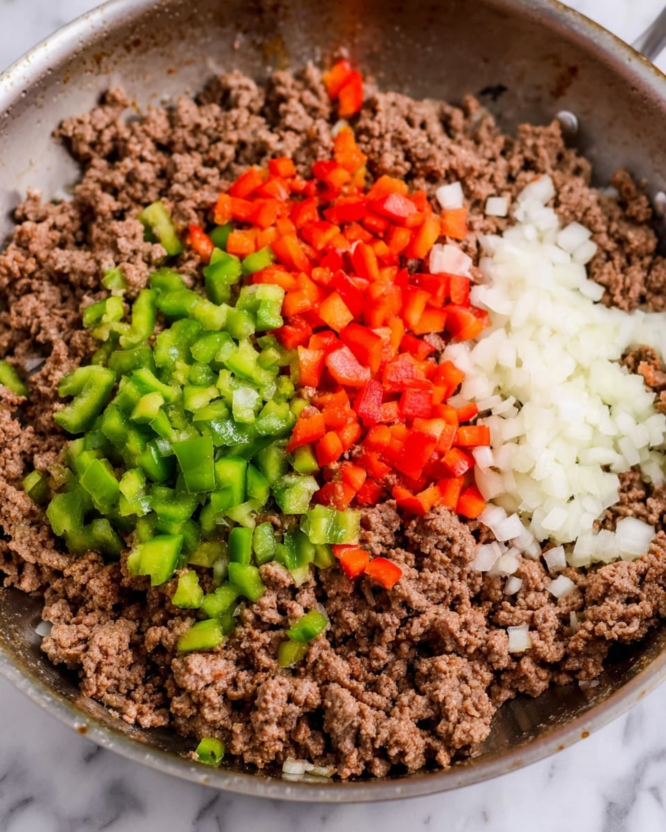 The image shows a round metal pan filled mostly with cooked ground beef, which is brown with a slightly crumbly texture. On top of the meat, near the center and towards the top, are three separate piles of diced vegetables: bright green bell peppers on the left, small pieces of red bell peppers in the middle, and finely chopped white onions on the right. The pan sits on a white marbled surface. photo taken with an iphone --ar 4:5 --v 7