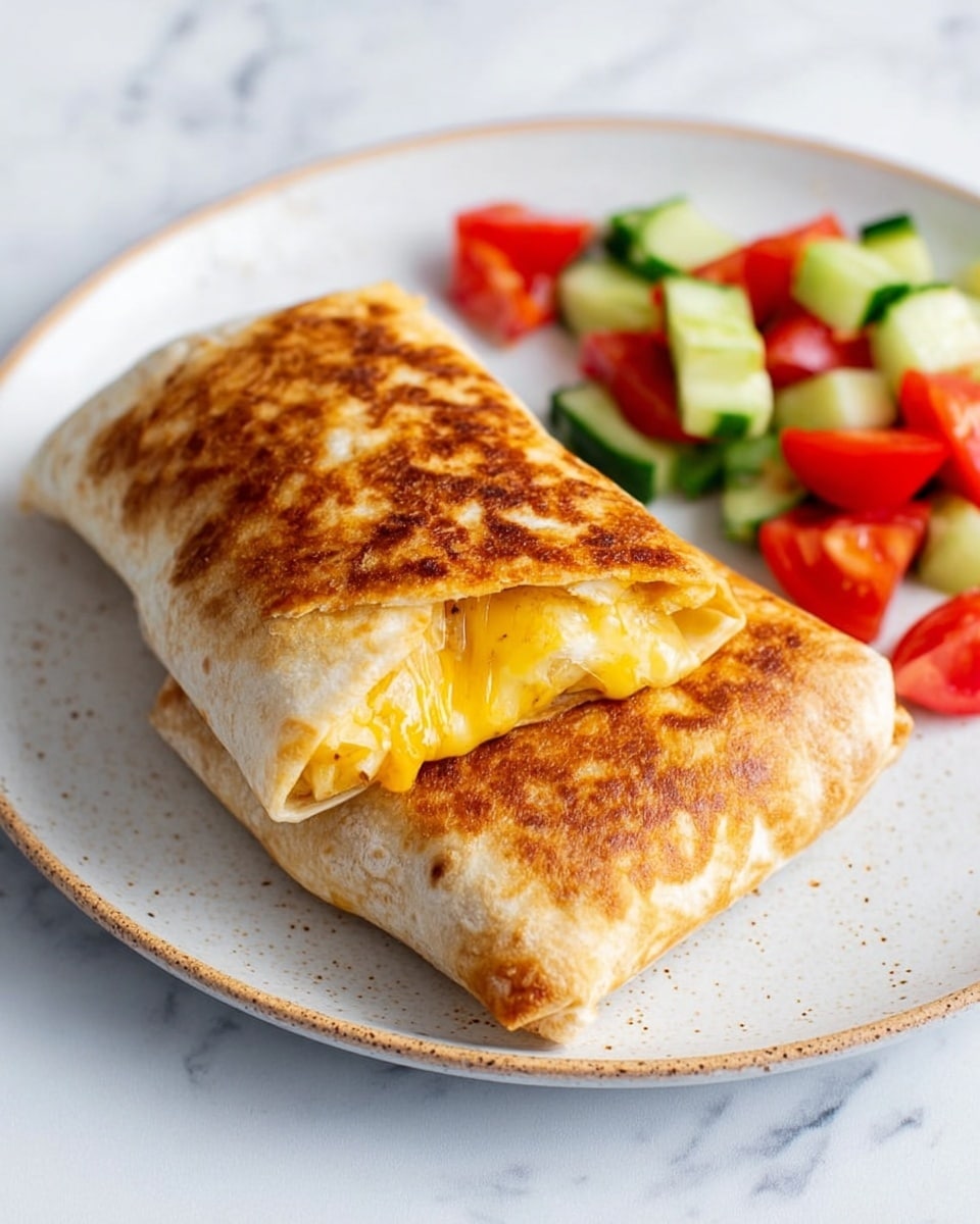 On a white plate with slight specks, there are two folded burritos stacked on top of each other, both with a golden-brown crispy outer layer. The top burrito is slightly open at one end, revealing melted yellow cheese stretching out. Next to them, there is a small pile of fresh salad made of red tomatoes, bright green cucumber chunks, and green onion pieces, all resting on a white marbled surface. Photo taken with an iphone --ar 4:5 --v 7