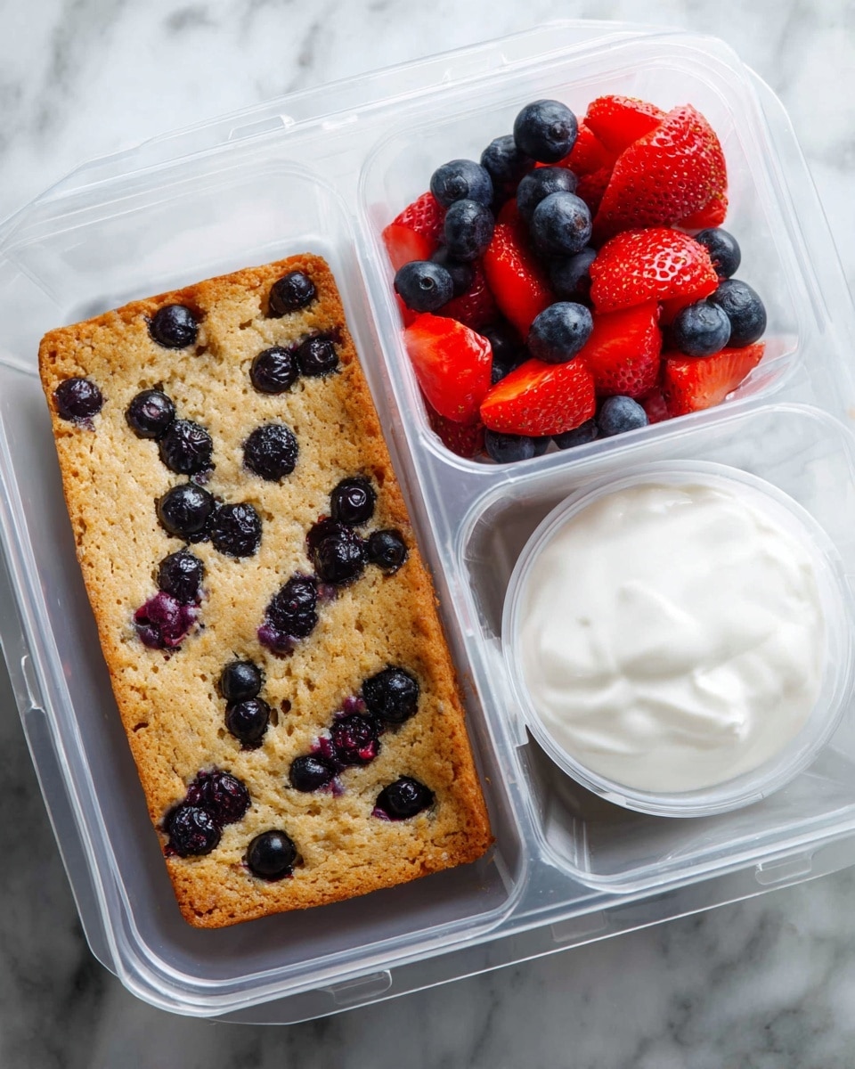 A clear plastic container with three compartments sits on a white marbled surface. The largest compartment contains a thick, rectangular blueberry cake with a golden-brown top dotted with whole dark blueberries. One smaller compartment holds bright red strawberries, halved, mixed with small, plump blueberries, creating a colorful contrast. The other small compartment is filled with plain, smooth white yogurt, its texture soft and creamy. The image has a clean and fresh look, photo taken with an iphone --ar 4:5 --v 7
