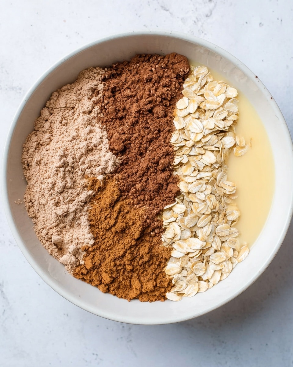 The image shows a white bowl placed on a white marbled surface, filled with four distinct layers of ingredients arranged side by side. On the right is a layer of light yellow rolled oats resting in a pool of milk, giving a soft and wet texture. Next to it towards the bottom is a layer of brown cocoa powder with a fine, powdery texture. To the upper left side, a layer of light brown protein powder is held, rough and crumbly in texture. The colors contrast nicely with the white bowl and background, and the ingredients are cleanly divided without mixing. Photo taken with an iphone --ar 4:5 --v 7