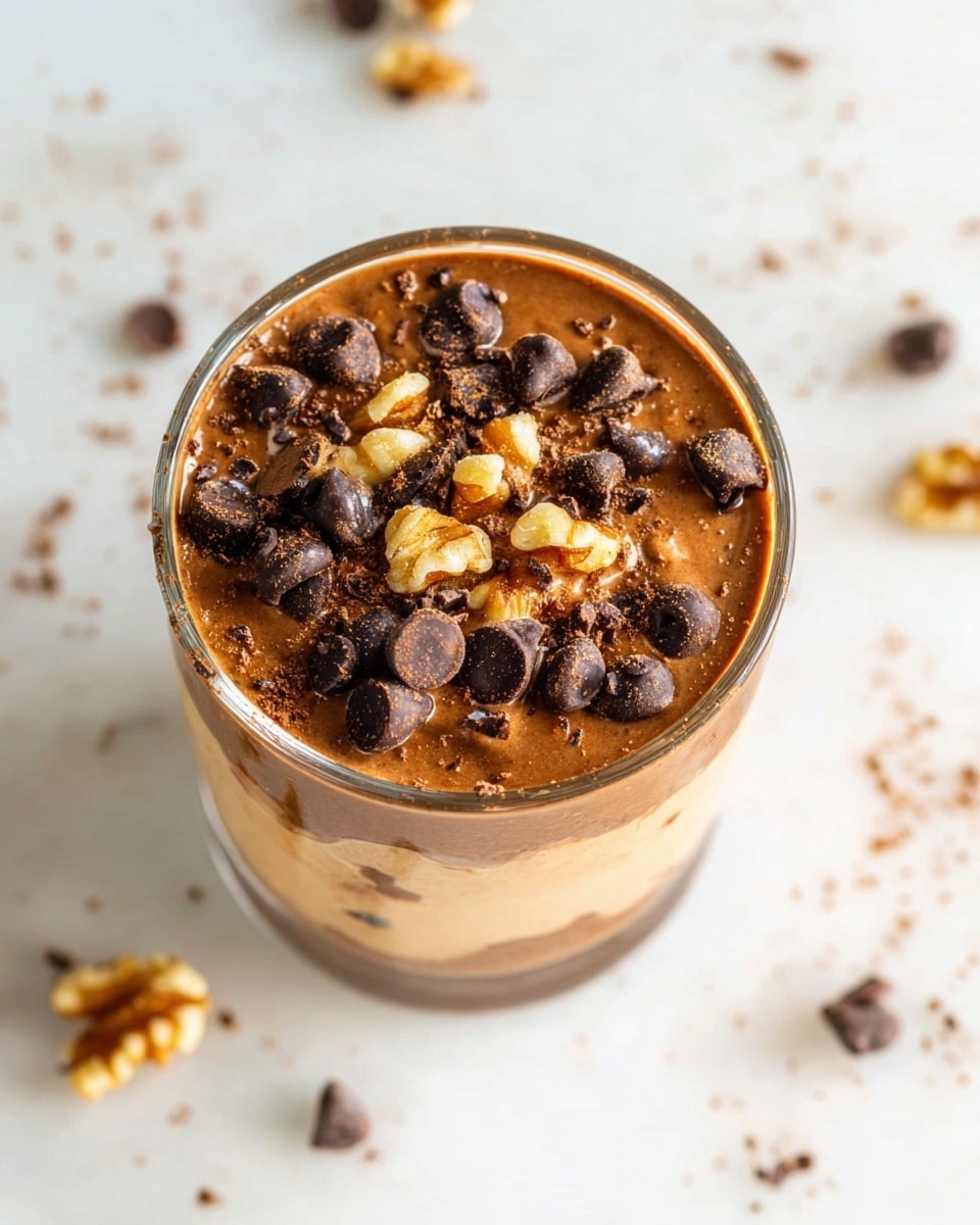 A top view of a glass filled with three layers: the bottom layer is smooth, light brown pudding; the middle layer has a slightly thick, darker brown texture; the top layer is a creamy chocolate mixture covered with dark chocolate chips and whole walnut pieces scattered evenly, with a few tiny brown crumbs sprinkled on top. The glass is placed on a white marbled surface with some chocolate chips and crumbs slightly blurred around it. photo taken with an iphone --ar 4:5 --v 7