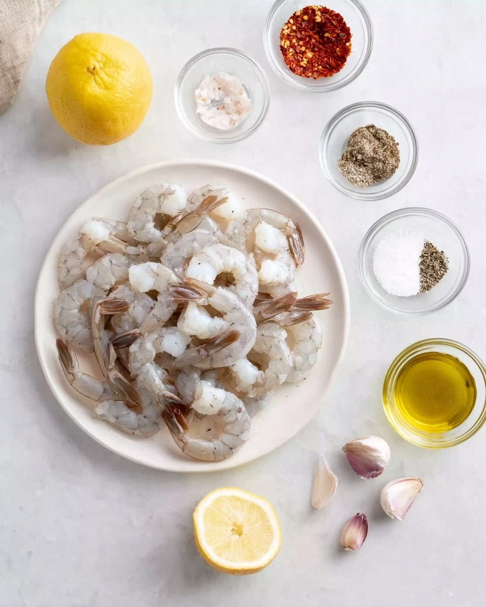 A white plate filled with many raw peeled shrimp stacked loosely, pale pink and gray in color with visible tails, sits on a white marbled surface. Around the plate are small clear glass bowls: one with red chili flakes, one with black pepper, one with a reddish spice, and one with a white granular substance. There is a small glass cup of olive oil with a golden yellow color, a halved lemon with bright yellow skin and pale juicy flesh, and two cloves of garlic with purple-striped skin lying next to the bowls. The overall setup is neat and spaced out, with a clean, fresh feel. Photo taken with an iphone --ar 4:5 --v 7