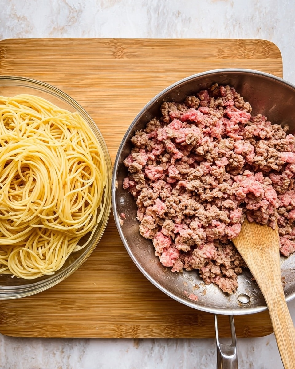 The image shows two main parts on a white marbled surface with a wooden board underneath. On the right side, there is a silver skillet pan with cooked and partly raw ground meat that is pink and brown in color. A wooden spatula is resting inside the pan at the right edge, slightly under the meat. On the left side of the wooden board, there is a clear glass bowl filled with yellow cooked spaghetti noodles piled loosely. The colors contrast between the warm brown and pink meat mixture and the pale yellow noodles, all set on the white marbled surface. The photo taken with an iphone --ar 4:5 --v 7