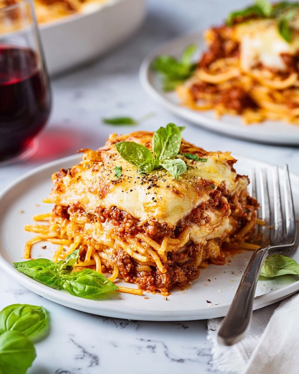 A white plate with a piece of baked spaghetti layered three times, starting with spaghetti noodles mixed with meat sauce on the bottom, followed by a thick layer of melted cheese, then another layer of noodles and meat sauce, topped with a browned, bubbly melted cheese layer with visible pepper seasoning. Fresh green basil leaves are placed on top and around the plate. A metal fork rests on the right side of the plate. In the background, there is another white plate with similar food and a glass filled with a dark red drink, all on a white marbled surface. Photo taken with an iphone --ar 4:5 --v 7