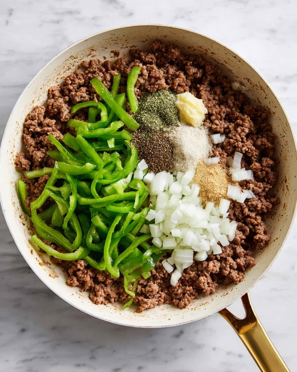A white pan with a gold handle contains cooked ground meat spread evenly on the bottom. On top of the meat, there are thin, bright green strips of bell pepper placed mostly on one side. Diced white onions are scattered over the center, along with small piles of salt, black pepper, and a light brown powdered spice, plus a small dollop of a creamy light yellow mixture, likely garlic or ginger. The pan rests on a white marbled textured surface. photo taken with an iphone --ar 4:5 --v 7