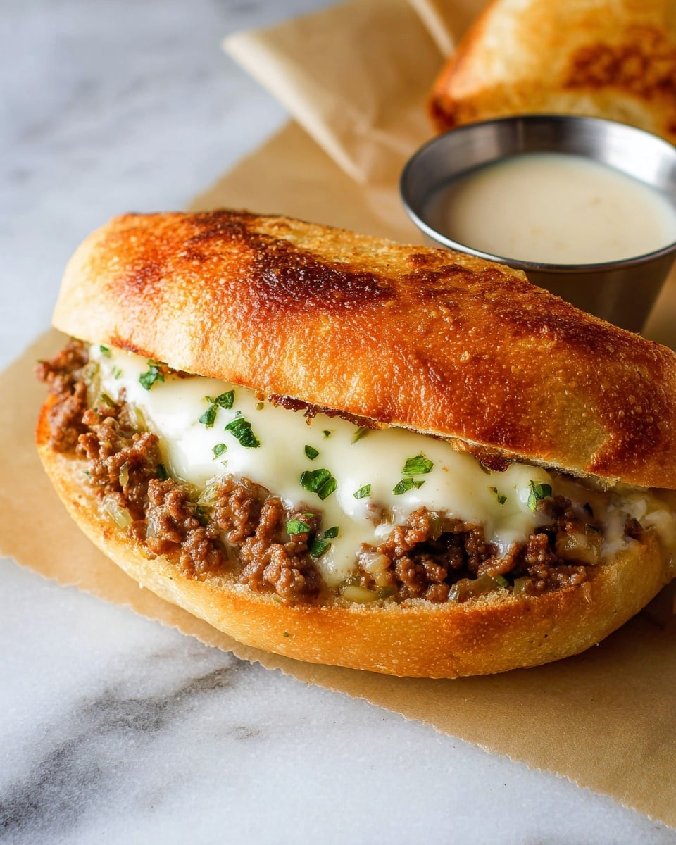A sandwich is shown with a golden brown toasted bun that has a slightly crispy texture. Inside the bun, there are three layers: the bottom layer has cooked ground meat mixed with small bits of onion and green pepper, the middle layer is melted white cheese that looks soft and creamy, and the top layer shows small chopped green herbs sprinkled over the cheese. The sandwich rests on brown parchment paper over a white marbled surface. Behind the sandwich, there is a small white metal cup with a light-colored creamy sauce. Photo taken with an iphone --ar 4:5 --v 7