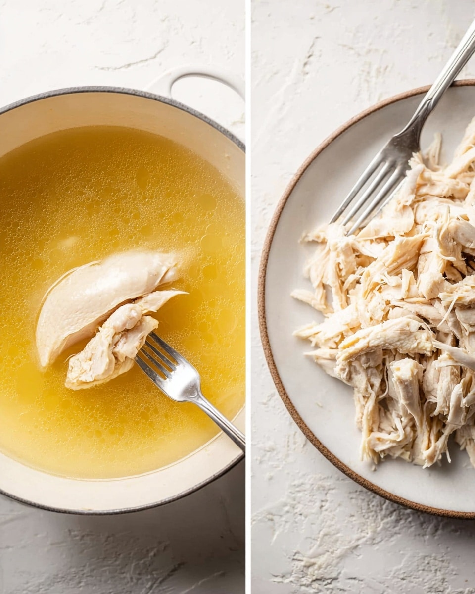 The image shows two parts: on the left, a white pot filled with hot, clear yellow broth with a whole light beige chicken piece being held by a fork. Steam rises from the pot, showing the chicken is boiling. On the right side, a white plate holds shredded pale chicken with some texture showing, and a metal fork resting on the edge of the plate. The background and surface have a white marbled texture. Photo taken with an iphone --ar 4:5 --v 7