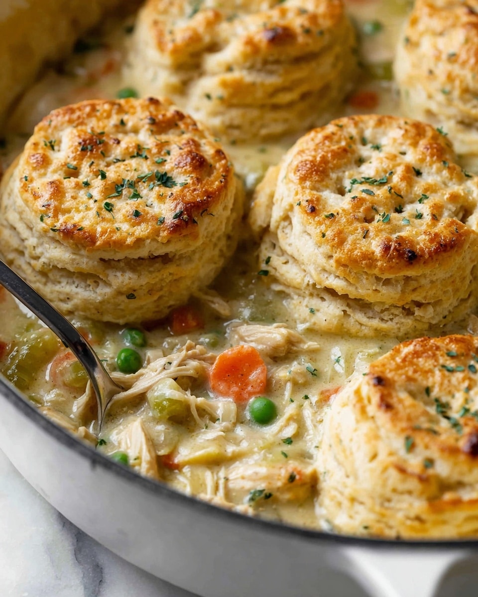 The image shows a close-up of a white pan filled with a creamy chicken and vegetable stew topped with four golden brown biscuit layers. Each biscuit is thick with a rough, crumbly texture, slightly cracked and sprinkled with small green herbs. The stew beneath is thick and light yellow, with chunky pieces of orange carrots, green peas, and shredded chicken visible. A silver spoon rests inside the pan, partially submerged in the stew. The background is a white marbled surface. photo taken with an iphone --ar 4:5 --v 7