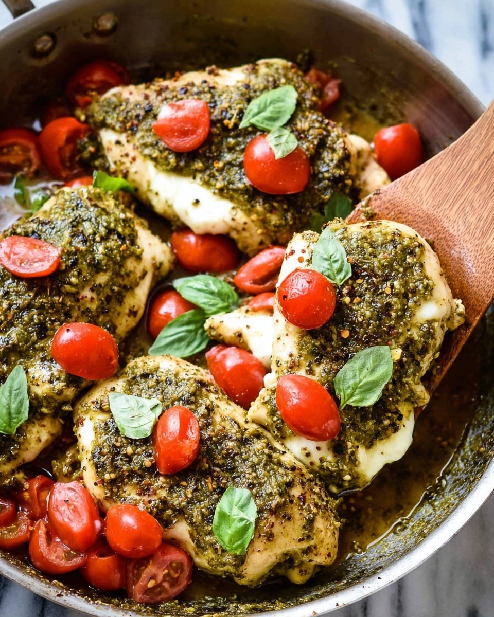 The image shows four cooked chicken pieces in a pan, each topped with a layer of green herb sauce with a coarse texture, scattered black pepper, and melted white cheese underneath the sauce. On top, there are bright red halved cherry tomatoes and fresh, thinly sliced green basil leaves, adding a pop of color. The pan is metal, and a wooden spatula is partially visible on the right side, lifting one piece slightly. The background features a white marbled surface. photo taken with an iphone --ar 4:5 --v 7