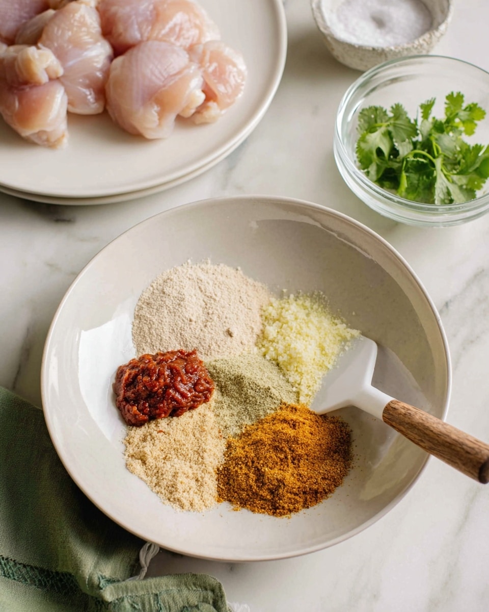 A white bowl sits on a white marbled surface, filled with several distinct layers of ingredients: a light beige powder in a small pile at the back, bright red tomato paste to the left, finely grated pale yellow ginger below it, a sprinkle of coarse white salt in the center, and a mix of orange and brown spices forming a colorful mound to the right. A white spatula with a wooden handle rests inside the bowl on the right side. Behind this bowl, there is a white plate with several light pink raw chicken pieces and a small clear glass bowl with green cilantro leaves. A small white cup containing coarse salt and a green cloth napkin lie nearby. Photo taken with an iphone --ar 4:5 --v 7