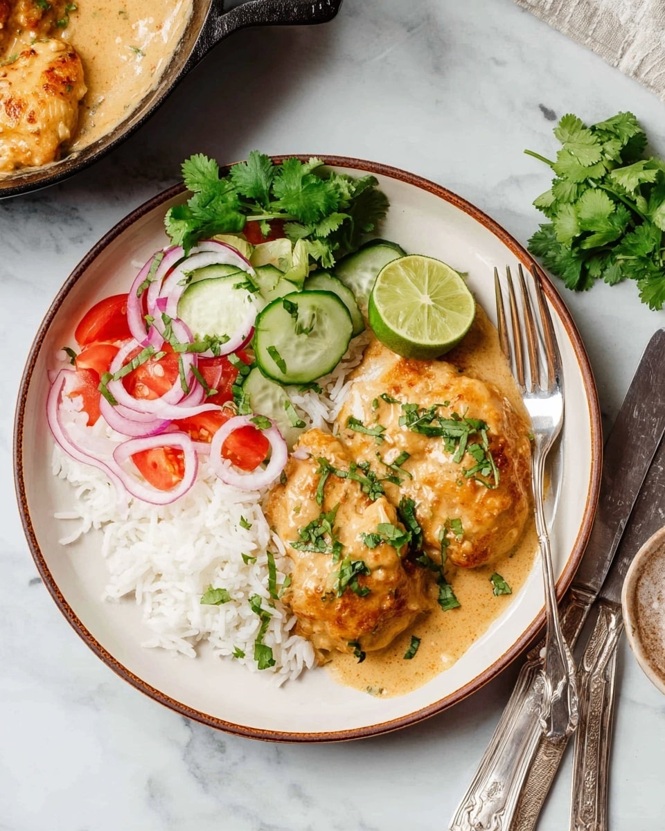 A white round plate with a thin brown rim holds a serving of white rice on one side, next to two pieces of golden-brown chicken covered in creamy light brown sauce with green herb leaves scattered on top. Alongside the rice and chicken is a fresh salad with thin slices of red onion, small chunks of red tomato, and green cucumber pieces, garnished with bright green cilantro leaves. A wedge of lime sits on the edge of the plate near a small bunch of cilantro. The plate rests on a white marbled surface, with a silver fork and knife placed in front. In the upper right corner, part of a black cast iron pan with more sauce is visible. Photo taken with an iphone --ar 4:5 --v 7