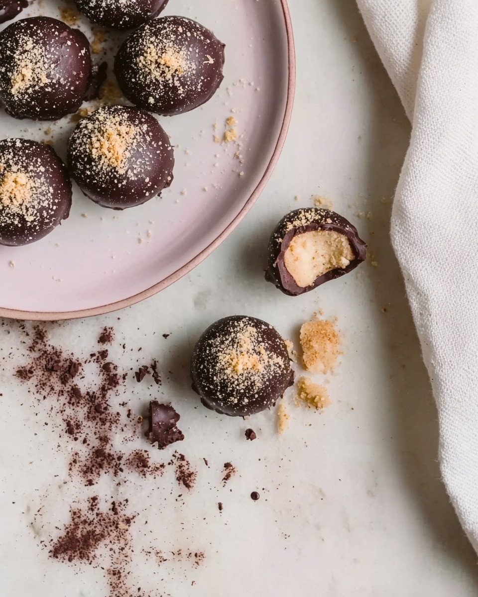 The image shows a close-up of round dark chocolate-covered treats sprinkled with a light-colored powder on top, placed on a white marbled surface. One treat is broken open, revealing a light-colored, crumbly inside. The treats are placed near the edge of a white plate with a pink rim on the left side of the image. Dark chocolate crumbs and powder are scattered around the treats on the surface. A white cloth with a soft texture is folded and placed on the right side of the image. Photo taken with an iphone --ar 4:5 --v 7