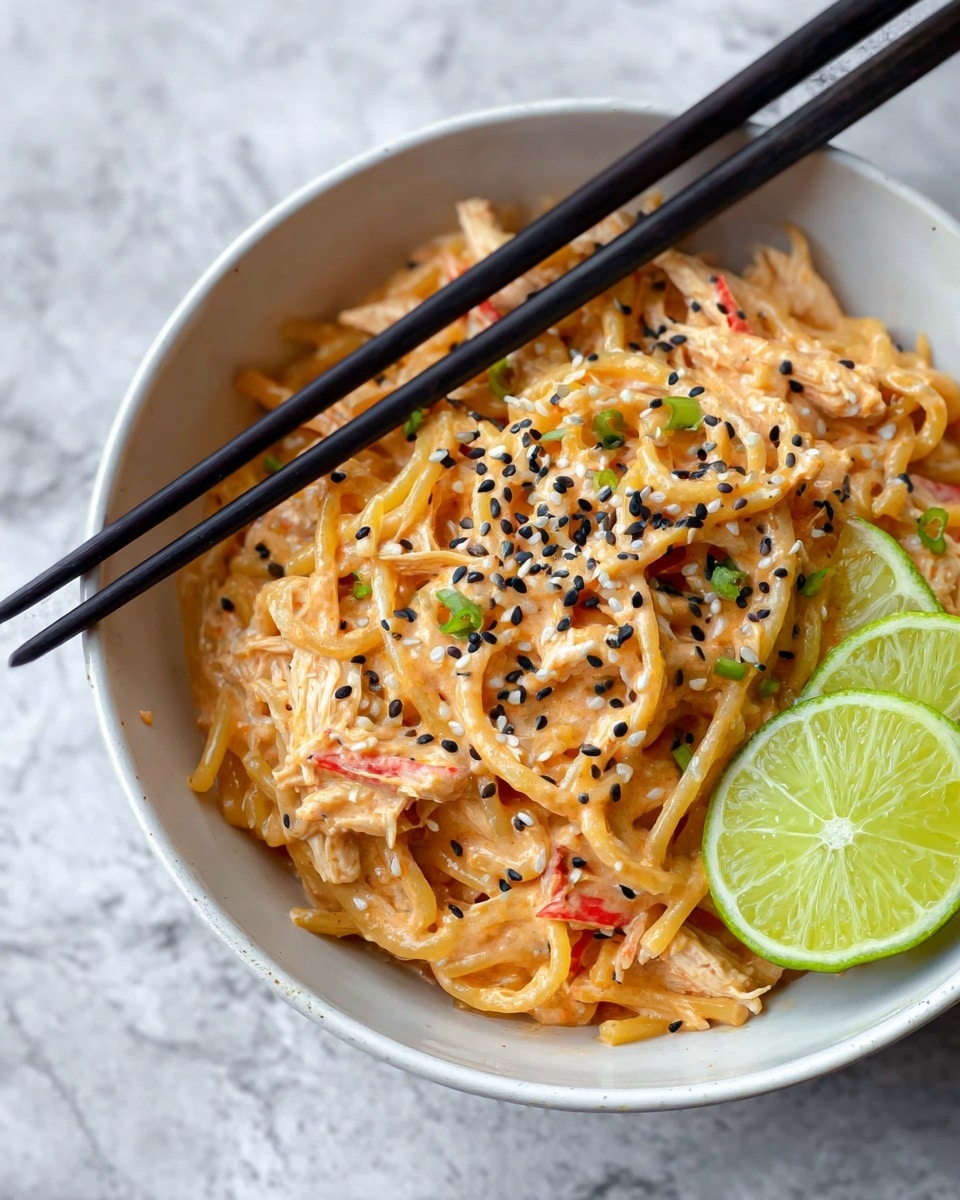 A white bowl filled with creamy noodles mixed with thin slices of light orange and white chicken, and bits of red pepper. The noodles are coated in a light orange sauce, sprinkled with black and white sesame seeds on top. Two bright green lime wedges rest on one side of the bowl. A pair of black chopsticks lay across the bowl. The bowl sits on a white marbled surface. photo taken with an iphone --ar 4:5 --v 7