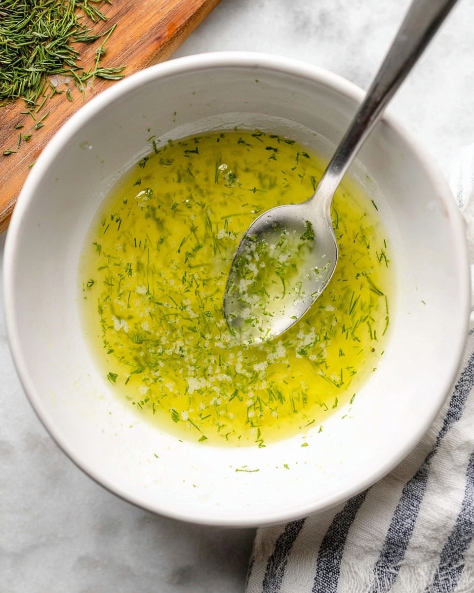 A white bowl holds a single layer of light yellow-green liquid with small oil bubbles and tiny pieces of green herbs spread throughout. A silver spoon is resting inside the bowl, its handle leaning on the bowl’s edge. Some herbs are slightly stuck on the inside wall of the bowl, and the bowl is placed on a white marbled surface. Part of a wooden board with green herbs sits near the top edge of the image, and a striped cloth is partially visible near the bottom. photo taken with an iphone --ar 4:5 --v 7
