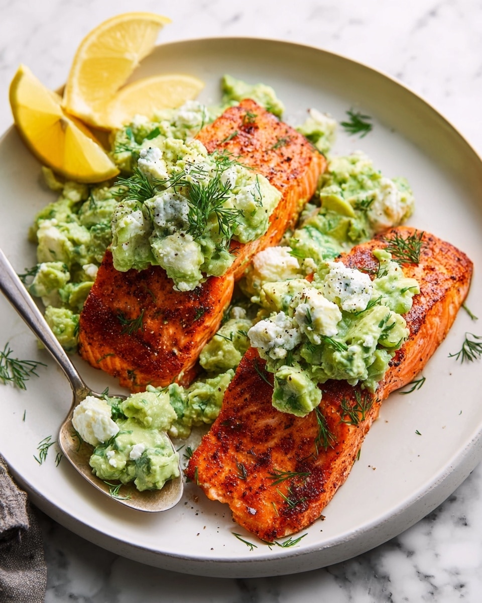 A white plate holds two thick, cooked salmon fillets with a bright orange-red crust, seasoned and slightly charred on the edges. On top of each fillet, there is a generous scoop of chunky, creamy green avocado salad mixed with white bits, grated cheese or cottage cheese, and some small herb leaves, likely dill, sprinkled on top. The background has a white marbled texture with lemon wedges placed around the plate. A spoon rests on the edge of the plate with some salad on it. Photo taken with an iphone --ar 4:5 --v 7
