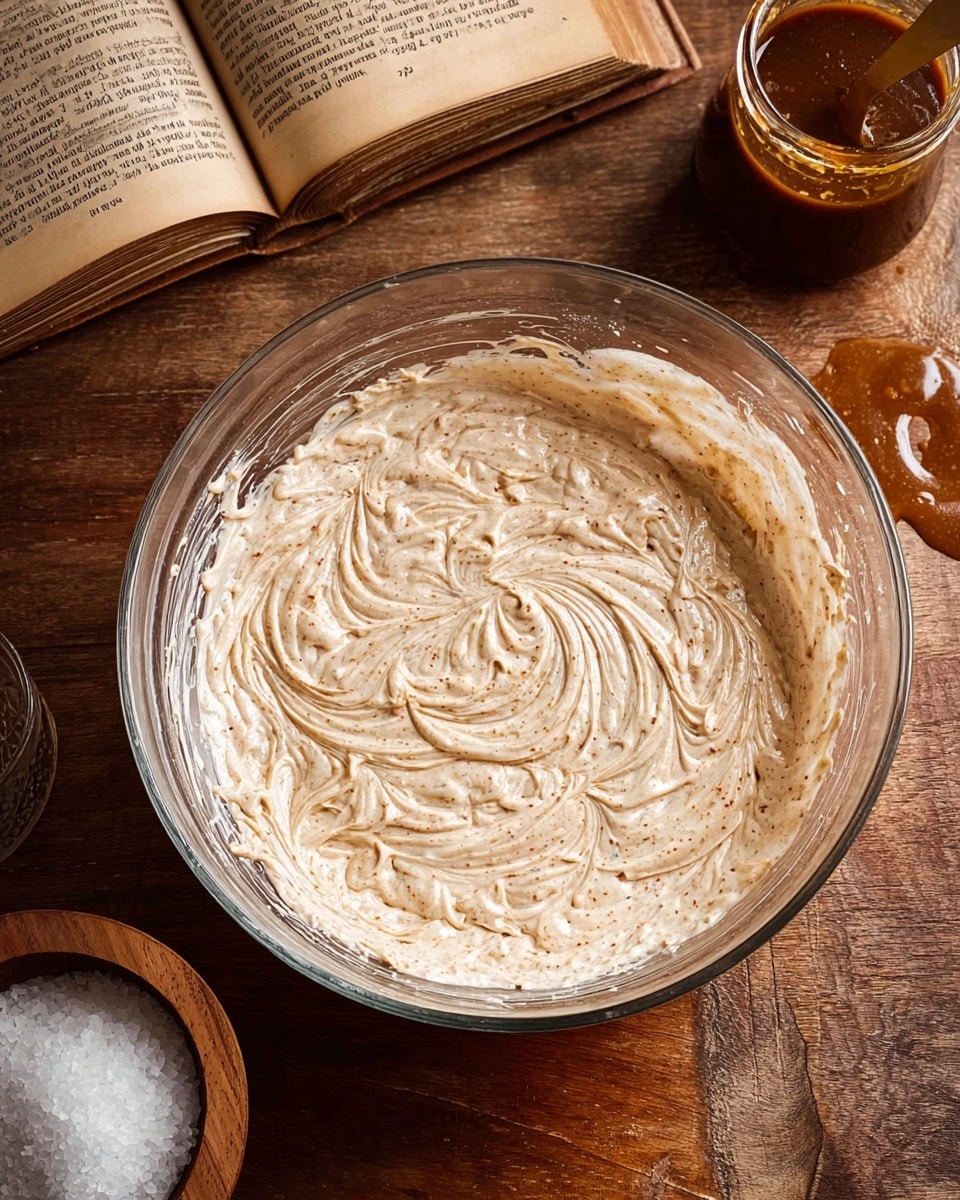 A clear glass bowl sits on a wooden surface, inside it a creamy mixture with light brown speckles is spread thinly, showing swirled patterns and textured peaks across one layer, with smooth, even strokes forming a decorative design. Around the bowl, there is a small wooden bowl filled with coarse white salt at the lower left and an open vintage cookbook with aged, slightly yellow pages on the lower right corner, while an opened jar with a brown sauce and dripped sides is placed at the top right, all arranged on the wooden surface. photo taken with an iphone --ar 4:5 --v 7