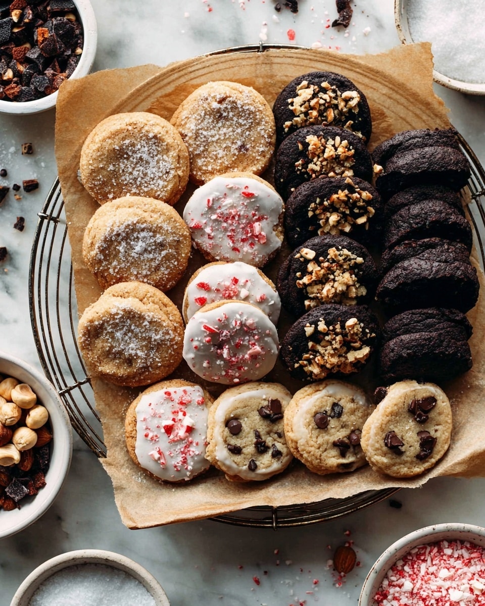 A round wire rack holds a piece of parchment paper with four types of cookies arranged in neat rows. At the top right, dark chocolate cookies are topped with chopped nuts, showing a rough texture and nut bits. Below those are light brown sugar cookies sprinkled with sugar, having a soft and crumbly look. Below them, chocolate cookies are dipped halfway in white icing and topped with crushed red and white candy pieces. At the bottom, light cookies have dark chocolate chunks scattered inside, showing a smooth surface with rich chocolate spots. Near the cookies, small piles of crushed pink candy, dark dried fruits, cinnamon, and whole hazelnuts add color and texture. The scene is set on a white marbled background with small white bowls of salt and crushed candy visible around the edges. Photo taken with an iphone --ar 4:5 --v 7