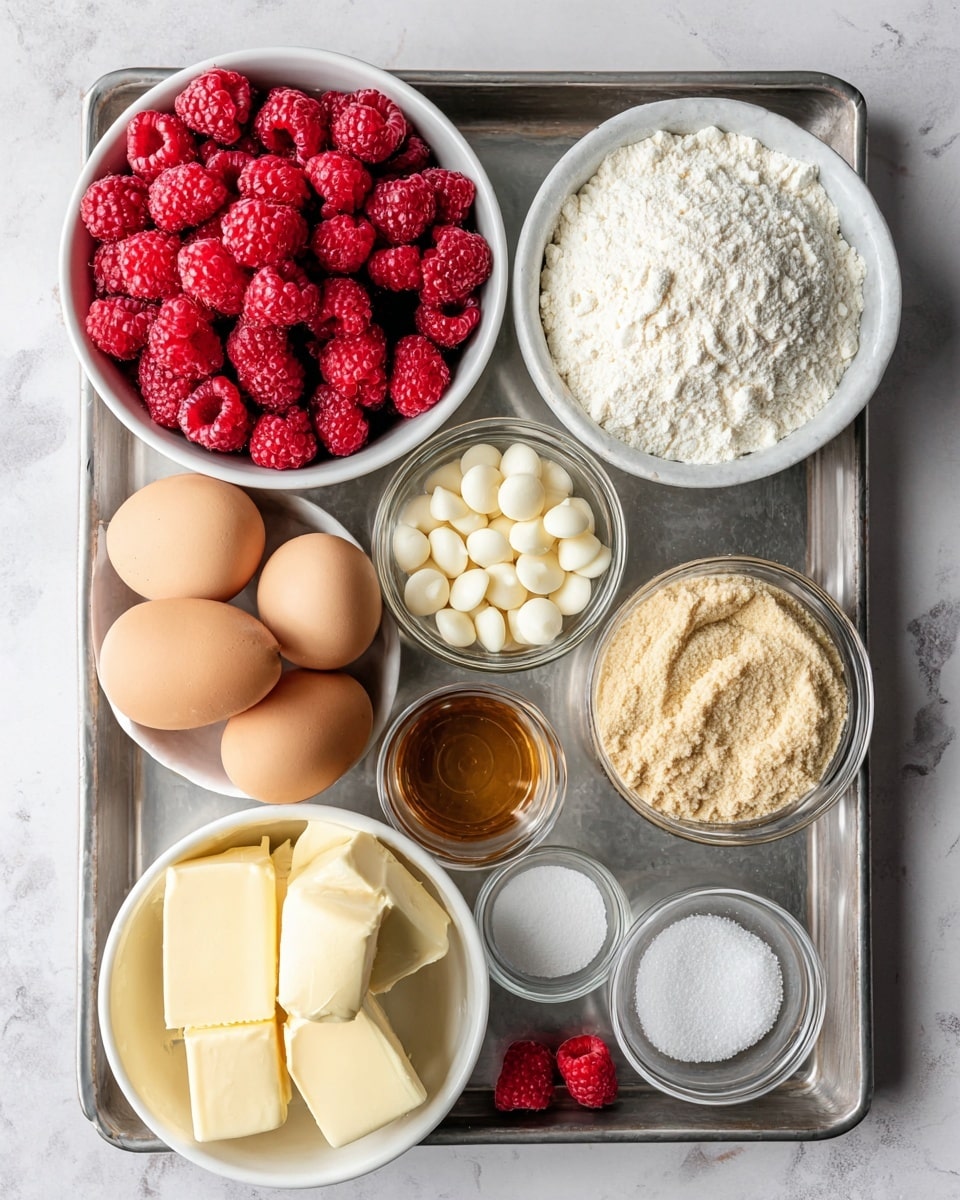 This image shows a metal tray with a white marbled background holding several small white and clear bowls. The top left bowl is filled with bright red raspberries with a bumpy texture. To the right, a white bowl is heaped with fine white flour. Below it, a clear bowl contains fine white sugar, next to a clear bowl of light brown sugar with a soft, grainy texture. A white bowl in the middle holds smooth, round white chocolate chips. Two brown eggs sit on the left side next to two pale yellow blocks of butter. A small clear bowl with honey sits centrally, and two tiny clear bowls at the bottom right contain salt and baking powder. A single raspberry lies outside the bowls on the tray. photo taken with an iphone --ar 4:5 --v 7