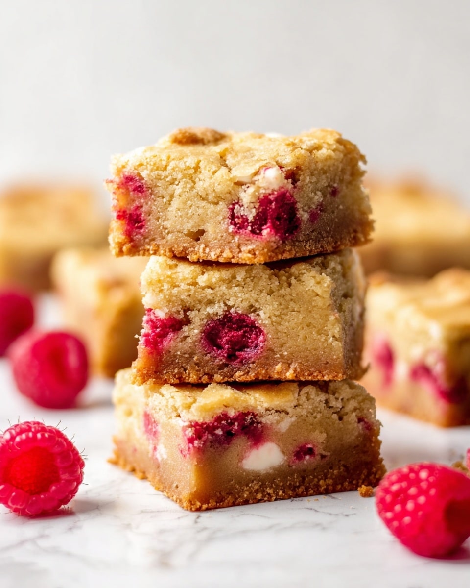 Three square pieces of blondie stacked on top of each other on a white marbled surface, each piece showing a light golden brown crumbly top layer with visible parts of white chocolate and bright red raspberry pieces inside the dense, moist light yellow base. More blurred blondie squares and raspberries can be seen in the background, adding depth to the image. Photo taken with an iphone --ar 4:5 --v 7