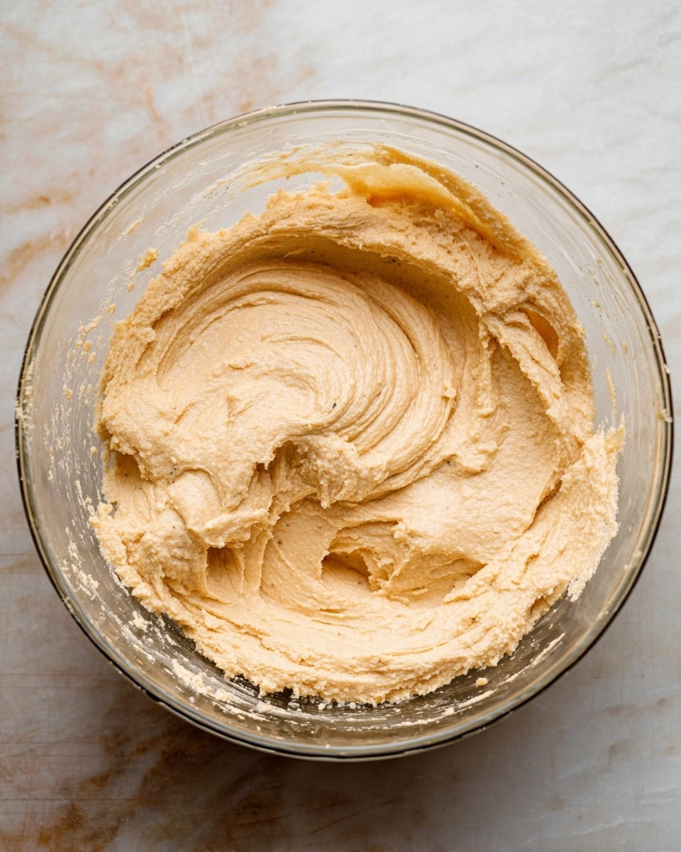 A clear glass bowl filled with a thick, creamy, light beige mixture that looks smooth but slightly textured, swirled carefully inside the bowl, sitting on a white marbled surface. The bowl's edges have some of the mixture stuck to them, showing a soft and dense batter consistency. The image captures the batter close-up with no other objects around, highlighting its thick and soft appearance. photo taken with an iphone --ar 4:5 --v 7
