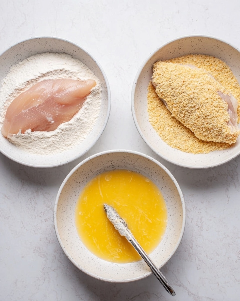 Three white speckled bowls sit side by side on a white marbled surface. The left bowl holds a raw chicken fillet lying on a bed of white flour. The center bowl contains the same chicken fillet, now coated in flour, dipped into a bright yellow beaten egg mixture that fills the bowl. The right bowl has the chicken fillet coated in light golden breadcrumbs, with metal tongs resting on the edge of the bowl. The arrangement shows the step-by-step coating process for breading chicken. photo taken with an iphone --ar 4:5 --v 7