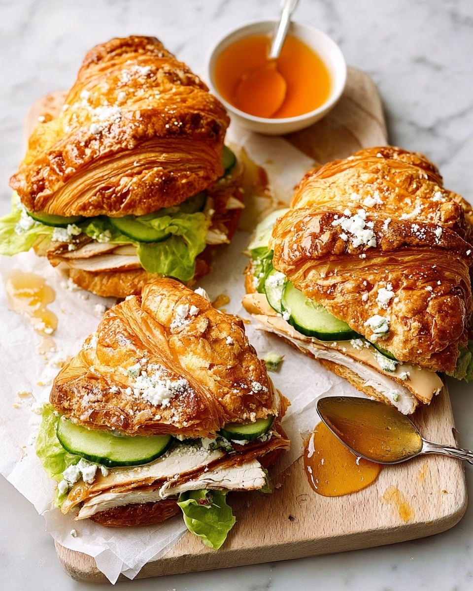 The image shows three croissant sandwiches on a light brown wooden board with a white marbled background. Each sandwich has a golden-brown, flaky croissant top sprinkled with white crumbly cheese. Inside, there is a layer of green leafy lettuce, slices of cucumber, and a thick piece of light brown cooked chicken. One sandwich is cut into two halves, showing the layers clearly. Next to the sandwiches is a small white bowl with orange honey and a silver spoon inside it. Some crumbs and honey droplets are scattered around the board. photo taken with an iphone --ar 4:5 --v 7