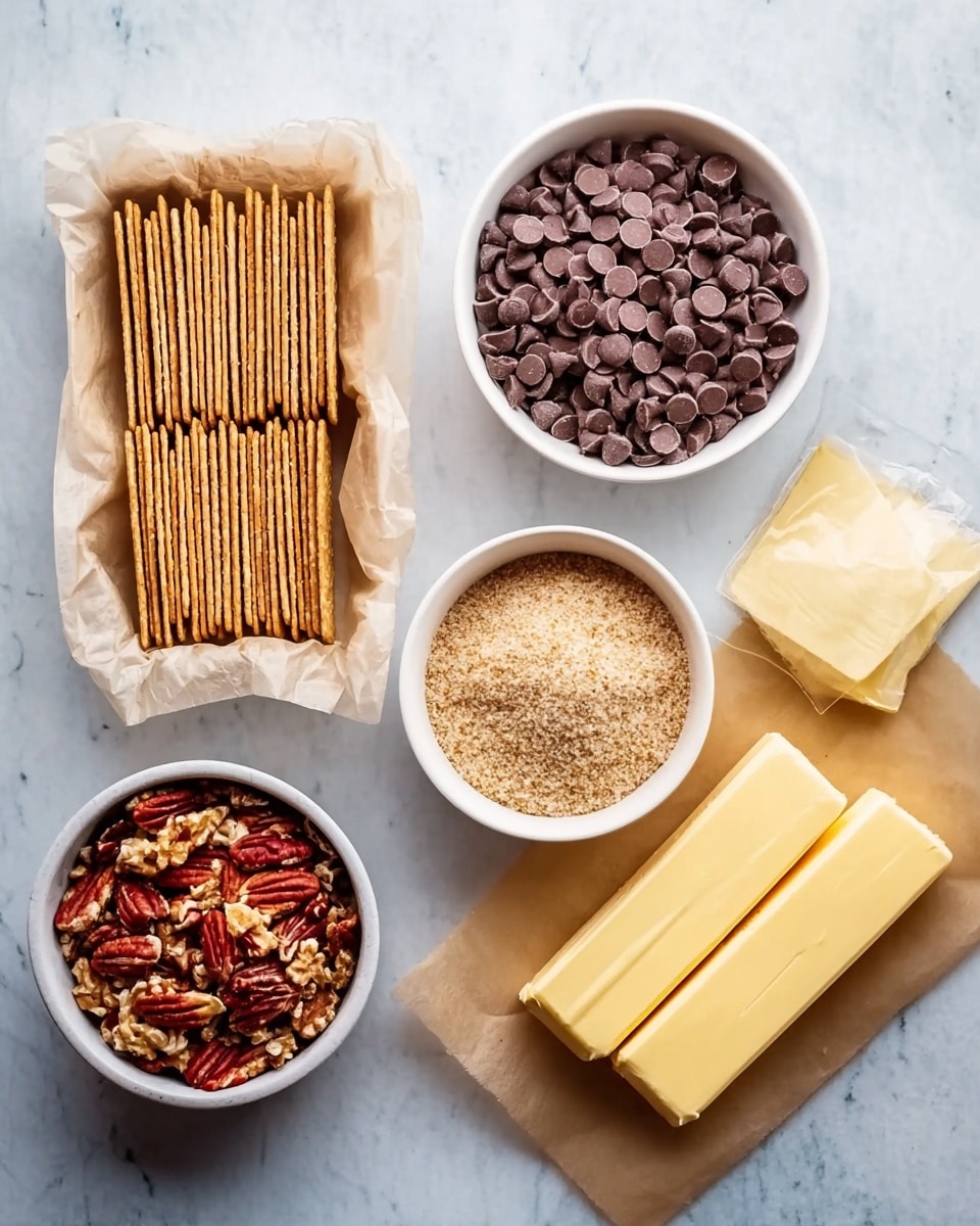 The image shows five white bowls and parchment paper holding baking ingredients arranged on a white marbled surface. On the left, there is a long row of rectangular crackers stacked upright inside parchment paper. To the right, there are three bowls stacked close: the top bowl is filled with round chocolate chips, the bowl below it contains chopped pecans with red and brown hues, and the bowl on the bottom right is filled with light brown sugar. To the far right on parchment paper lie two solid yellow sticks of butter. The presentation is neat and clear with natural lighting. photo taken with an iphone --ar 4:5 --v 7
