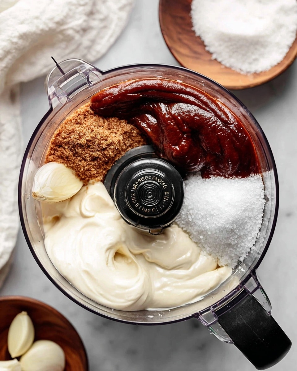 The image shows a clear food processor bowl filled with six main layers of ingredients, arranged around the black central blade. In the top section, a thick dark red sauce with a smooth, slightly shiny texture is visible. Next to it is a coarse layer of brown sugar, rough and grainy. Below that is a pile of white coarse salt, visibly crystalline. To the left of the salt, there is a large whole clove of raw garlic, pale and smooth. Two thick dollops of creamy, off-white and bright white sauces fill the bottom and bottom-left sections, both smooth and soft. The food processor sits on a white marbled surface, with part of a white cloth and a round wooden bowl containing more salt seen in the background. Photo taken with an iphone --ar 4:5 --v 7