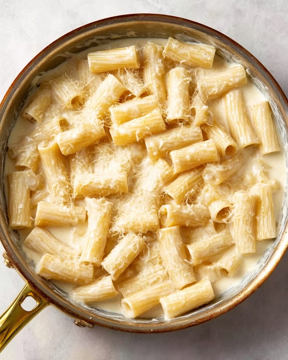 A pan filled with rigatoni pasta sitting in a creamy white sauce. The rigatoni are pale yellow and have ribbed texture, coated lightly with melted cheese sprinkled on top. The sauce is smooth and thick, clinging to the pasta pieces. The pan has a shiny metal rim and a golden handle, resting on a white marbled surface. The overall look is warm and creamy, showing the pasta well mixed with the sauce. photo taken with an iphone --ar 4:5 --v 7