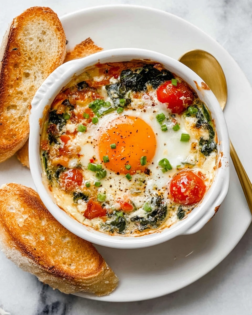 The image shows a white ceramic baking dish filled with a baked egg dish with one sunny-side-up egg in the center, its yolk bright orange and surrounded by set white. The base layer is a mix of cooked spinach leaves and halved cherry tomatoes, adding green and red colors around the egg. There are small pieces of melted cheese and herbs sprinkled throughout, with chopped green onions scattered on top for a fresh touch. A gold spoon is scooping part of the dish from the right side. The baking dish sits on a white plate, which is accompanied by two pieces of golden toasted bread with a crispy texture. The surface beneath everything is a white marbled texture. Photo taken with an iphone --ar 4:5 --v 7