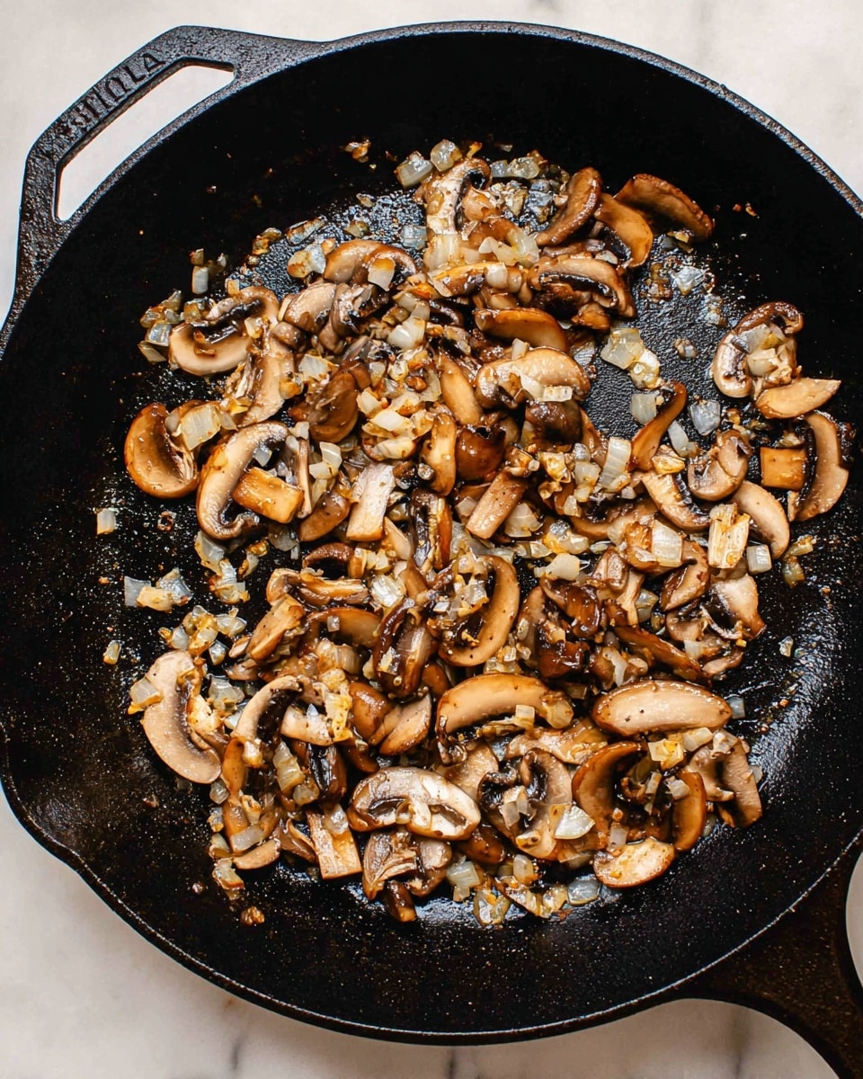 A top view of a black cast iron pan filled with cooked sliced mushrooms and finely chopped onions. The mushrooms are a mix of light to dark brown with a soft texture, and they are spread unevenly in the pan, mixing with the small diced onions that are golden and slightly translucent. The pan has a slight shine from the cooking oil. The pan sits on a white marbled surface. Photo taken with an iphone --ar 4:5 --v 7