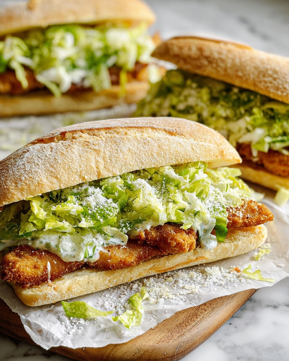 The image shows three sandwiches on a wooden board with white parchment paper underneath, set against a white marbled surface. Each sandwich has three main layers inside a light tan, textured sandwich roll that is slightly crispy on top. The bottom layer is a piece of golden brown, crispy fried chicken. On top of the chicken, there is a layer of fresh, bright green shredded lettuce mixed with a creamy white sauce. The top sandwich roll is placed over the lettuce, and a light sprinkling of fine, grated white cheese is visible on and around the lettuce and chicken. Photo taken with an iphone --ar 4:5 --v 7
