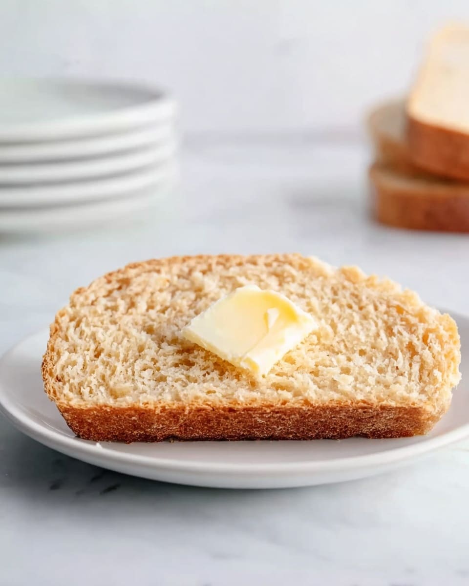 A single slice of golden brown bread with a rough, crumbly texture is placed centered on a small white plate. On top of the bread, near the middle, there is a small dollop of pale yellow butter slightly softened and shiny. The background is a white marbled surface, with blurred objects like stacked white plates and slices of bread in the back, keeping the focus on the bread slice in front. Photo taken with an iphone --ar 4:5 --v 7