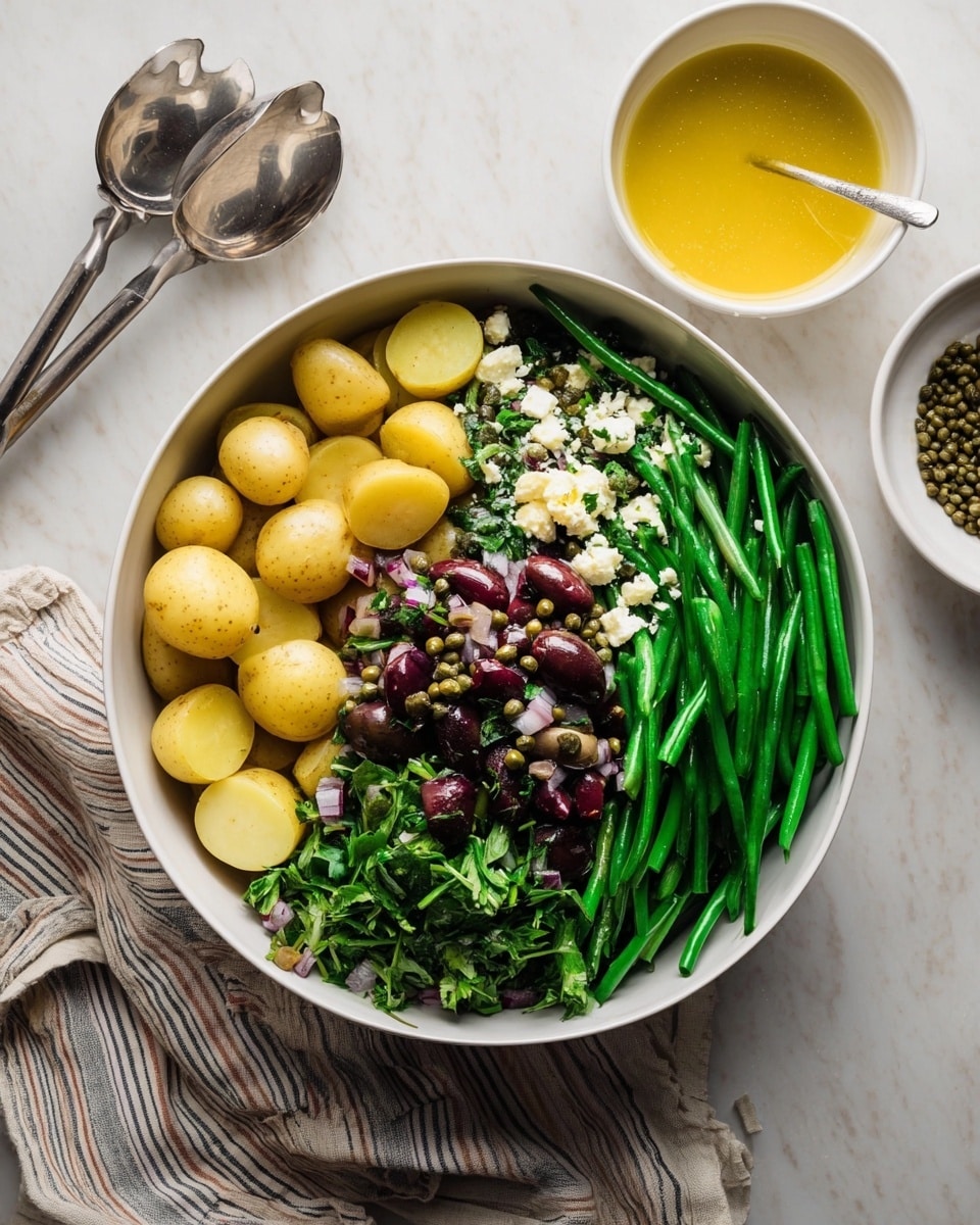 A white bowl filled with five distinct layers of food is placed on a white marbled surface. Starting from the left side, there is a layer of yellow baby potatoes, halved, showing their smooth texture and skins. Next to the potatoes on the right are bright green cooked green beans, arranged neatly and filling about one-third of the bowl. In the center foreground, there is a small mound of chopped dark purple olives mixed with fresh green herbs, adding a textured look. Above the olives, there is a scattering of white crumbly cheese adding a soft contrast in texture. At the very center of the bowl, a pile of small capers adds dark green color and a bumpy texture. To the upper right, a white bowl with a yellow vinaigrette sauce containing fine mustard seeds and a small whisk is partially visible. Next to the main bowl on the left, there are two large metal salad serving utensils resting on a striped cloth. The photo taken with an iphone --ar 4:5 --v 7