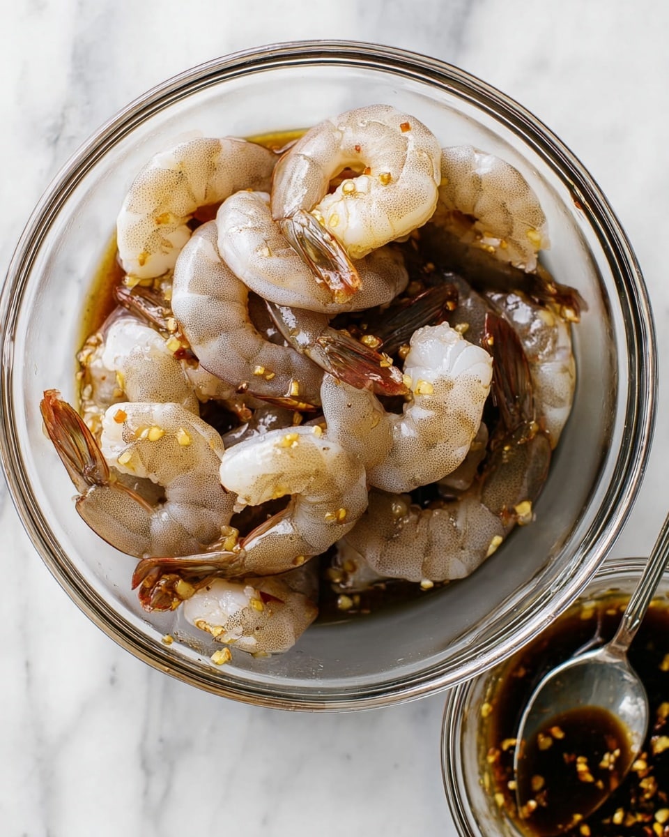 A clear glass bowl sits on a white marbled surface, filled with raw shrimp that are pale gray with some pink and translucent white parts, arranged loosely in a curved pile with their tails still attached. The shrimp are covered in a dark brown sauce with small pieces of minced garlic and chili flakes, giving the shrimp a glossy look. In the upper right corner, there is a smaller clear glass bowl also on the white marbled surface, filled with the same dark brown sauce and a silver spoon resting inside it. The bright light highlights the shiny, wet textures on the shrimp and sauce. photo taken with an iphone --ar 4:5 --v 7