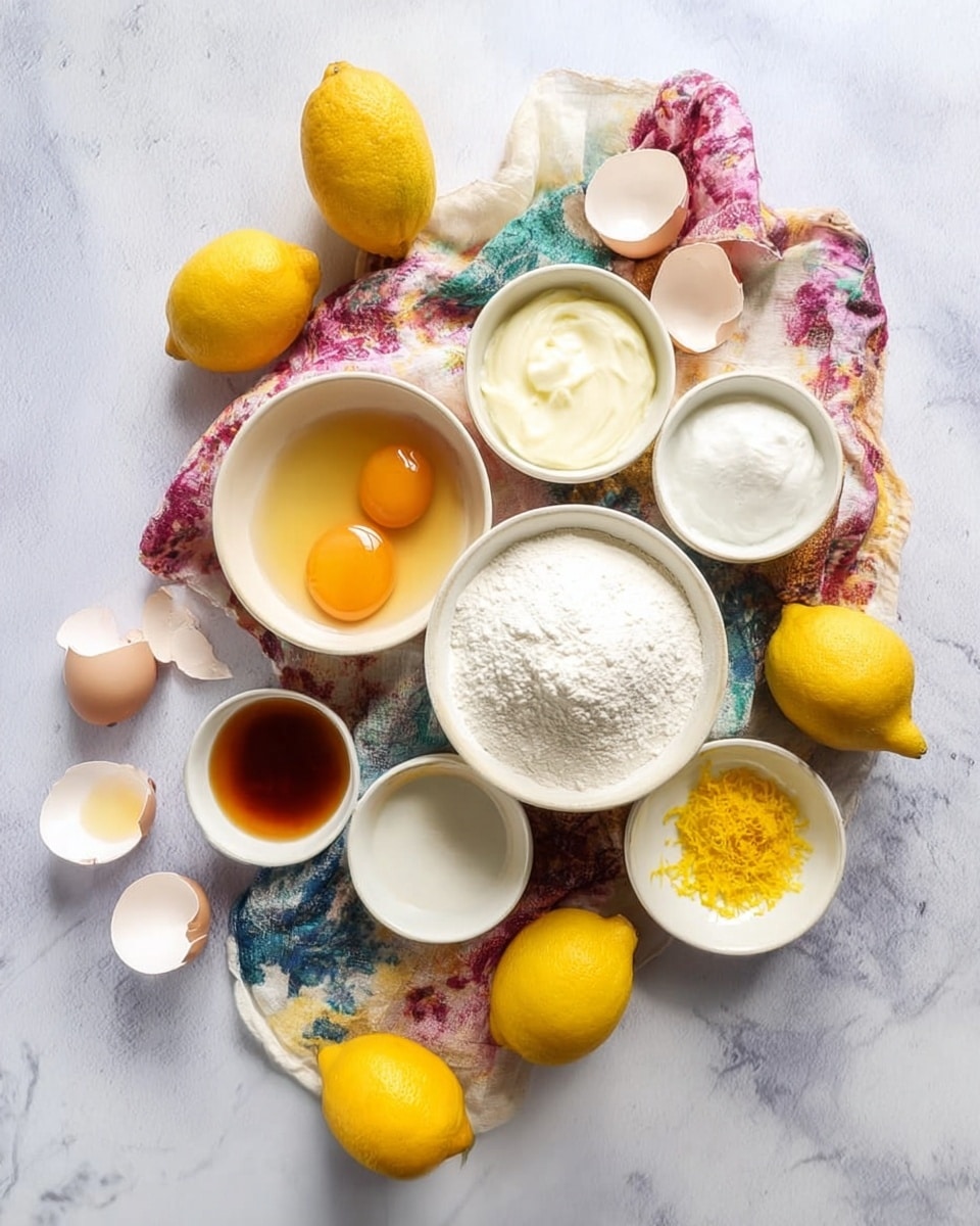 The image shows a top view of baking ingredients placed on a colorful cloth over a white marbled surface. There are seven white bowls arranged in a loose cluster: a bowl with three cracked eggs showing bright yellow yolks, a bowl of white flour with a small mound in the center, a bowl with a brown liquid, a bowl with white sugar, a bowl of white cream, and a small bowl holding yellow lemon zest. Around the bowls, there are four whole lemons with bright yellow skin and several empty eggshell halves scattered to the left. The composition is light and airy with soft natural lighting highlighting the textures and colors of each ingredient. Photo taken with an iphone --ar 4:5 --v 7