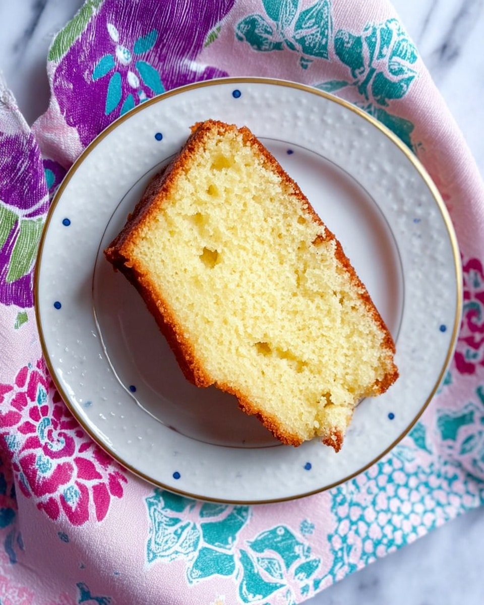 A slice of yellow pound cake with a light golden crust and soft, moist texture is placed at an angle on a white plate with a thin gold rim and small blue dots. The cake slice shows a few small holes throughout, revealing its airy crumb. The plate rests on a colorful cloth with floral patterns in shades of purple, pink, and turquoise, all set against a white marbled surface. Photo taken with an iphone --ar 4:5 --v 7