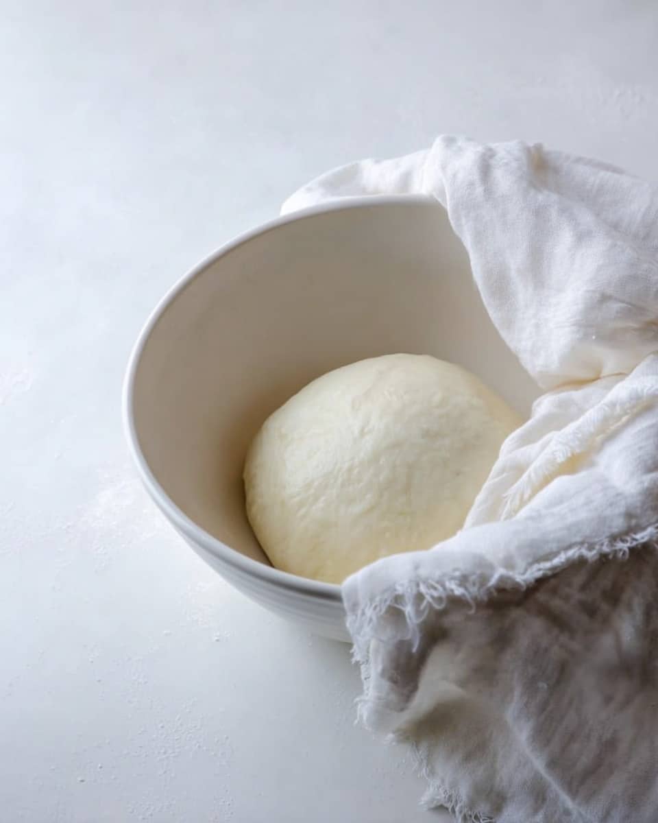 A white bowl sits on a white marbled surface, holding a smooth, round ball of dough that is pale cream in color. The dough looks soft and slightly shiny on top. A white cloth with frayed edges is draped over part of the bowl, loosely covering the dough. The overall scene is bright with soft natural light creating gentle shadows. photo taken with an iphone --ar 4:5 --v 7