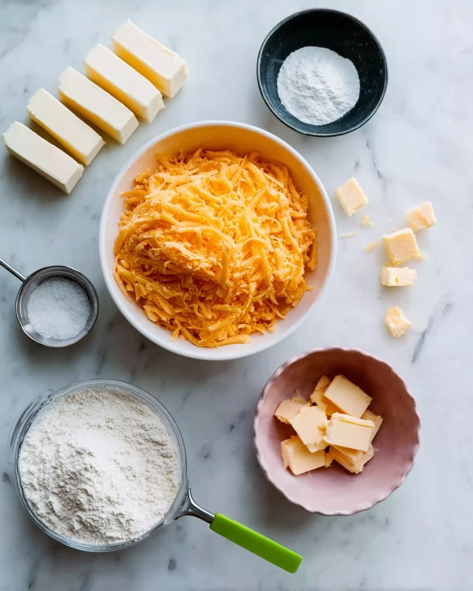 The image shows a white marbled surface with several ingredients arranged neatly. In the center, there is a white bowl filled with shredded orange cheese. To the top left is a lined row of sliced white butter. Above the bowl, a small black bowl holds a white powder. On the left side, there is a small silver bowl with a little white powder, and below it, a silver measuring cup filled with white flour with a green handle. To the bottom right, there is an empty light pink bowl. Scattered small pieces of cheese are around the bowls. A woman's hand is gently holding the butter slices. photo taken with an iphone --ar 4:5 --v 7