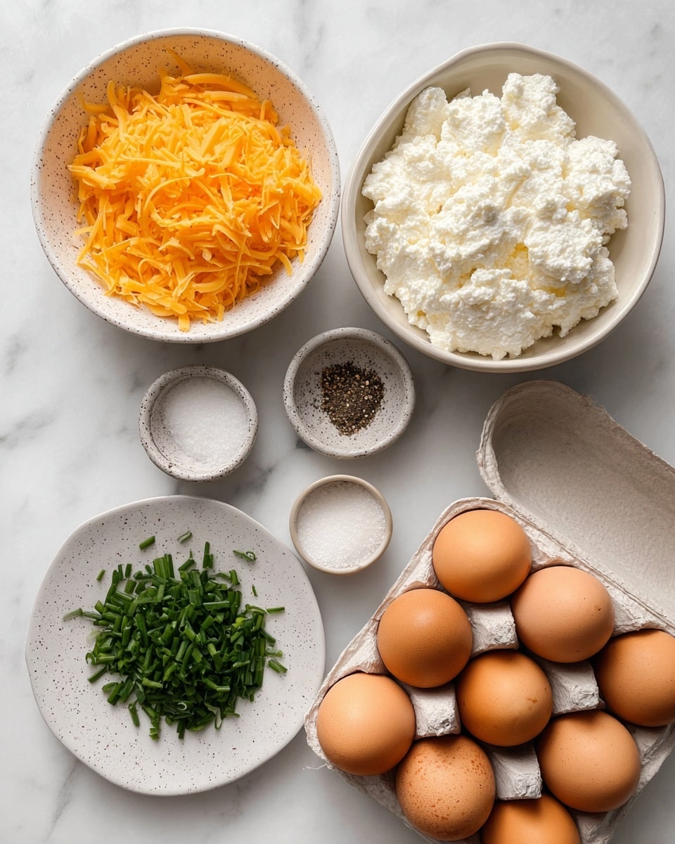 The image shows several ingredients arranged on a white marbled surface: a white speckled bowl filled with bright orange shredded cheese sits at the top, next to a similar bowl holding white, lumpy cottage cheese. Below them is a white plate with chopped fresh green chives, alongside a white speckled small bowl of coarse black pepper and another small bowl of white salt. On the right, a carton of brown eggs holds nine eggs, some showing natural speckles. The arrangement is neat and brightly lit. photo taken with an iphone --ar 4:5 --v 7