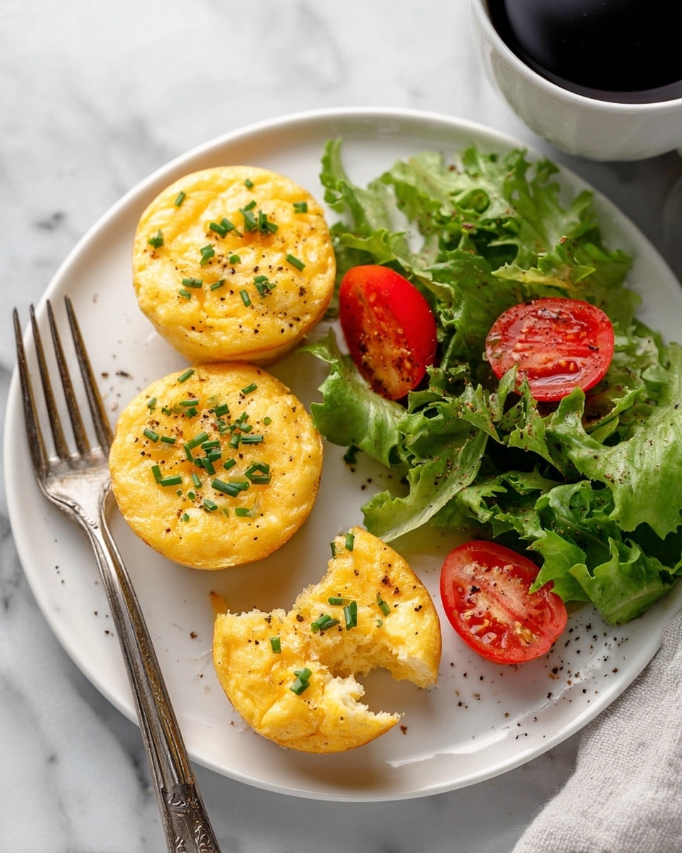 A white plate with three round yellow egg muffins sprinkled with green chives arranged on the left side, one of the muffins has a small bite showing a soft texture inside with crumbs nearby, on the right side there is a fresh green lettuce salad with bright red cherry tomato halves lightly sprinkled with pepper, a silver fork rests on the left edge of the plate, the scene sits on a white marbled surface, and part of a white cup filled with dark coffee is visible in the top right corner photo taken with an iphone --ar 4:5 --v 7